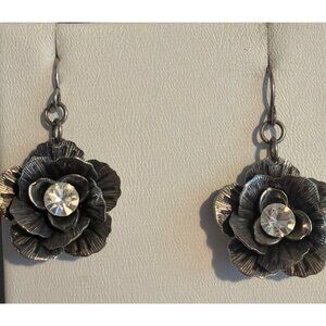 Vintage Premier Designs Silver Tone 3D Rose Flower Dangle Earrings Rhinestone
